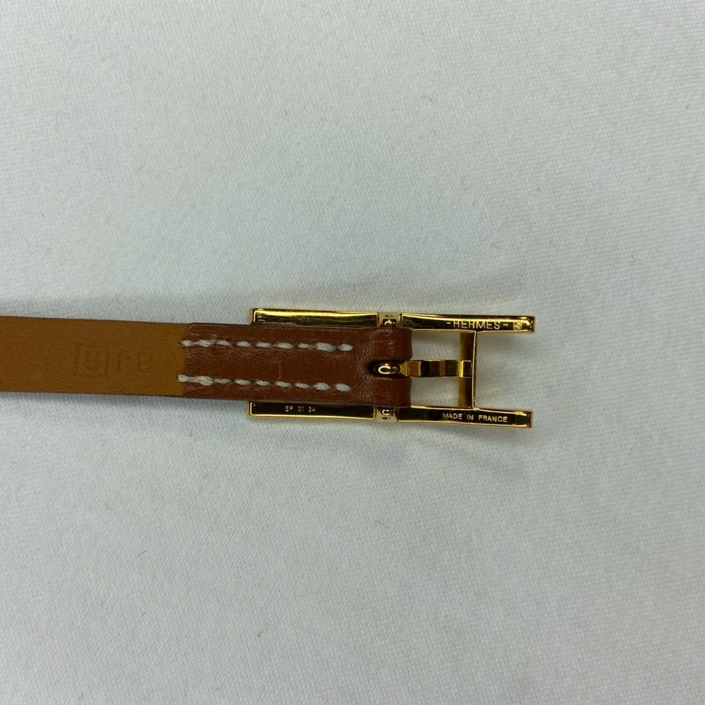 Hermes Mens Tan Leather Wrap  bracelet‎ Gold Tone H Buckle